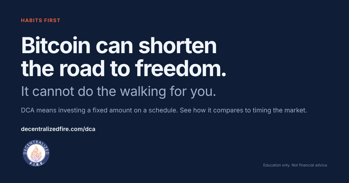 decentfire's tweet photo. Bitcoin can shorten the road to freedom. It cannot do the walking for you. Weak spending and saving habits do not disappear. Volatility exposes them. DCA means investing a fixed amount on a schedule. Compare it to timing the market.

https://t.co/xzfAZEGdOe https://t.co/kwIzh2juR2
