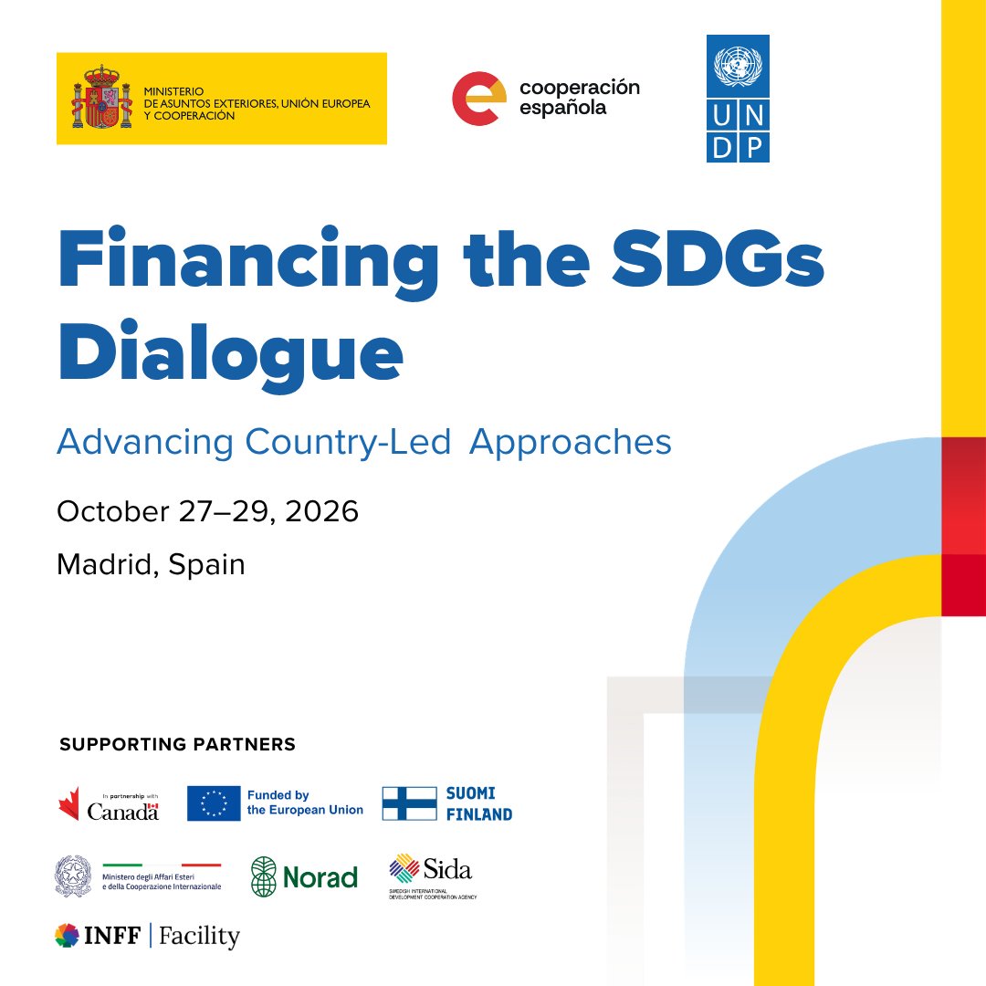 UNDP's tweet photo. 🌍 Public finance. Private finance. International finance.

How can these resources deliver countries’ development priorities?

Join UNDP and the Government of Spain for a dialogue on Financing the #SDGs.

📅 27–29 October
📍 Learn more and register now: https://t.co/vO0uOW5hEX https://t.co/2gXbfKjdtZ