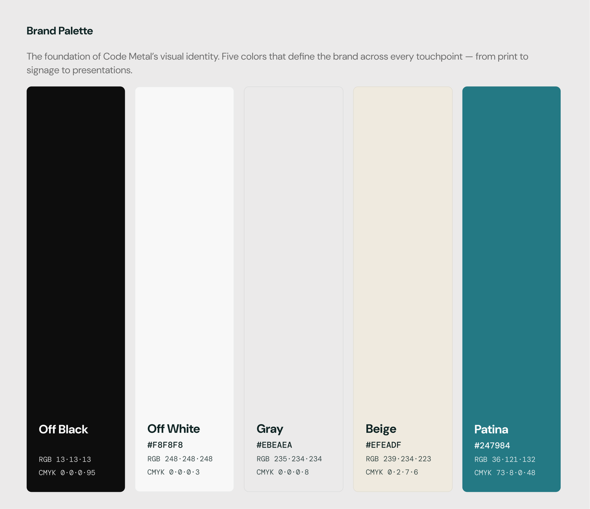 Code_Metal_AI's tweet photo. We are also introducing our newest brand color: Code Metal Patina. For us, it’s a reminder of the value in what’s already been built, and the care required to carry it forward. We also are launching three new colors : https://t.co/kS4909RGwl