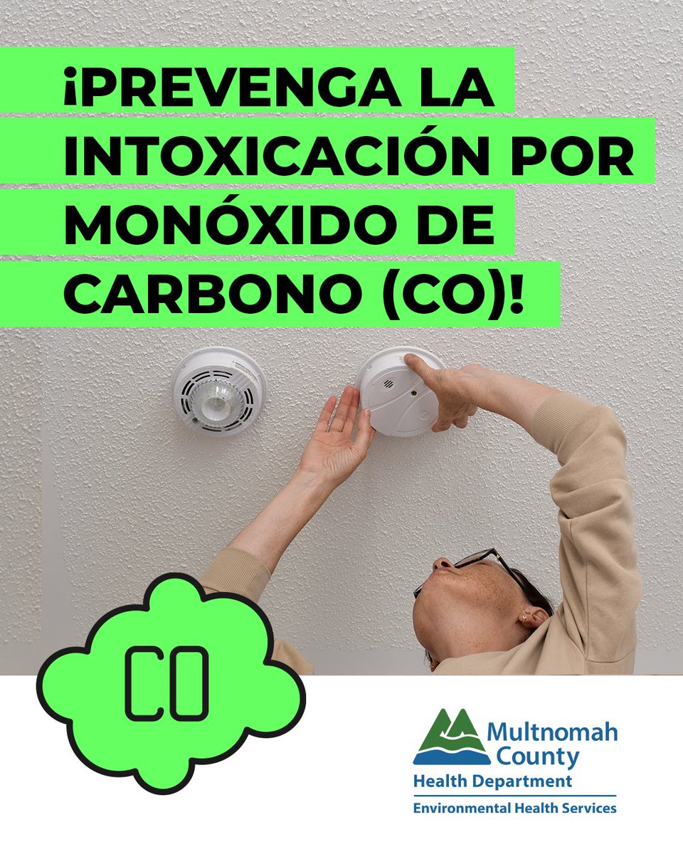 MultCoHealth's tweet photo. ¡Prevenga la intoxicación por monóxido de carbono (CO)!  Cada otoño hay un incremento en intoxicaciones por monóxido de carbono. La mejor manera de mantenerse seguro es asegurarse de que sus detectores de monóxido de carbono estén funcionando.

Tome estos pasos hoy para prevenir la intoxicación por monóxido de carbono (CO) este otoño:
✅Asegúrese que tenga detectores de CO instalados cerca de cada recamara y en cada piso de su hogar.
✅Presione el botón de prueba para confirmar que funciona su detector
✅Cambie las pilas si no lo ha hecho recientemente
✅Revise el mantenimiento de sus sistemas de calefacción, chimeneas y electrodomésticos que usan gas.