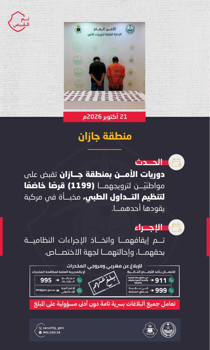 security_gov's tweet photo. دوريات الأمن بمنطقة جازان تقبض على شخصين لترويجهما (1199) قرصًا خاضعًا لتنظيم التداول الطبي.
#الحرب_على_المخدرات
#بالمرصاد https://t.co/wAkJK4mwOb