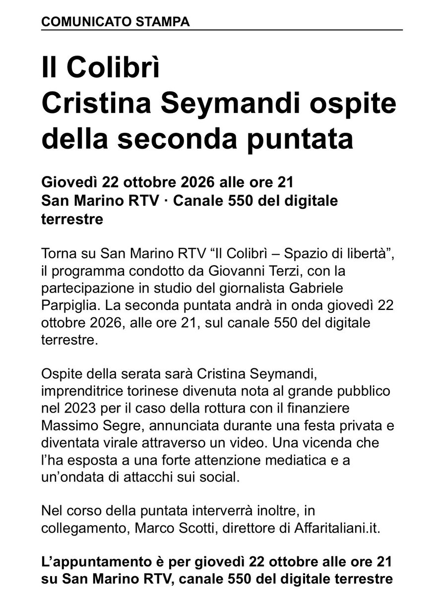 Parpiglia's tweet photo. @terzigio @SanMarino_RTV @CSeymandi @Affaritaliani COMUNICATO SECONDA PUNTATA #ilcolobrì https://t.co/DlavZJVLlV