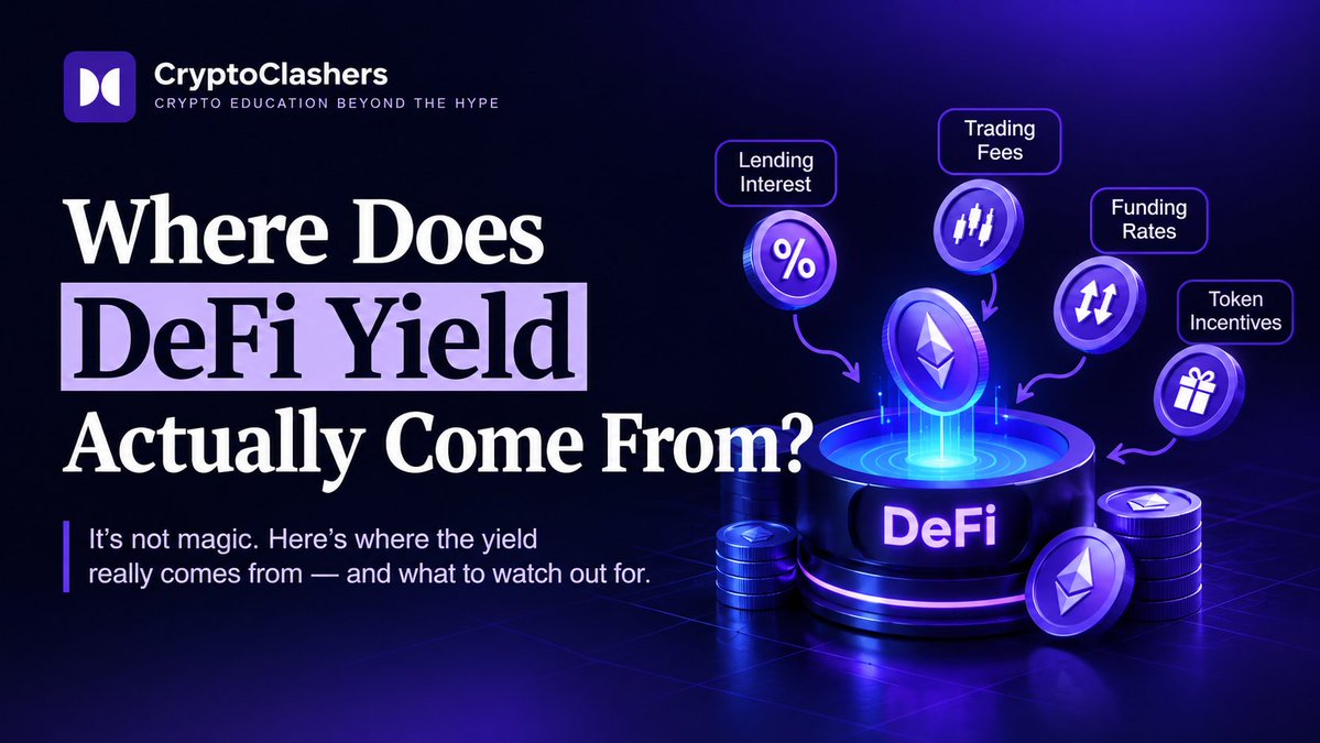 CryptoClashers's tweet photo. High DeFi yields look attractive. But where does the money actually come from?

DeFi protocols offer returns through different mechanisms, and understanding the source matters more than simply looking at the APY.

Here's where DeFi yield can come from:
• Lending Interest: Borrowers pay interest to access crypto assets supplied by lenders.
• Trading Fees: Liquidity providers may earn a share of fees generated when users trade through decentralized exchanges.
• Funding Rates: Some strategies earn funding payments between traders holding perpetual futures positions. These payments can reverse, turning yield into a cost.
• Token Incentives: Protocols distribute tokens to attract users and liquidity. However, rewards funded by new token emissions may not be sustainable, especially if the token's value falls.

But even a genuine source of yield doesn't make an investment safe. Smart-contract vulnerabilities, counterparty failures, changing market conditions, and falling demand can reduce returns or put your capital at risk.

Before depositing, ask three questions:
• Who is paying this yield?
• Does it come from real economic activity or newly issued tokens?
• What happens if demand drops?

Don't chase APY blindly. Understand the source, assess the risks, and know what you're putting your money into.

🤝 Save this post before your next DeFi deposit, share it with someone chasing high yields, and follow @CryptoClashers for research-backed crypto education beyond the hype.

#DeFi #CryptoEducation #CryptoClashers #DecentralizedFinance #Web3