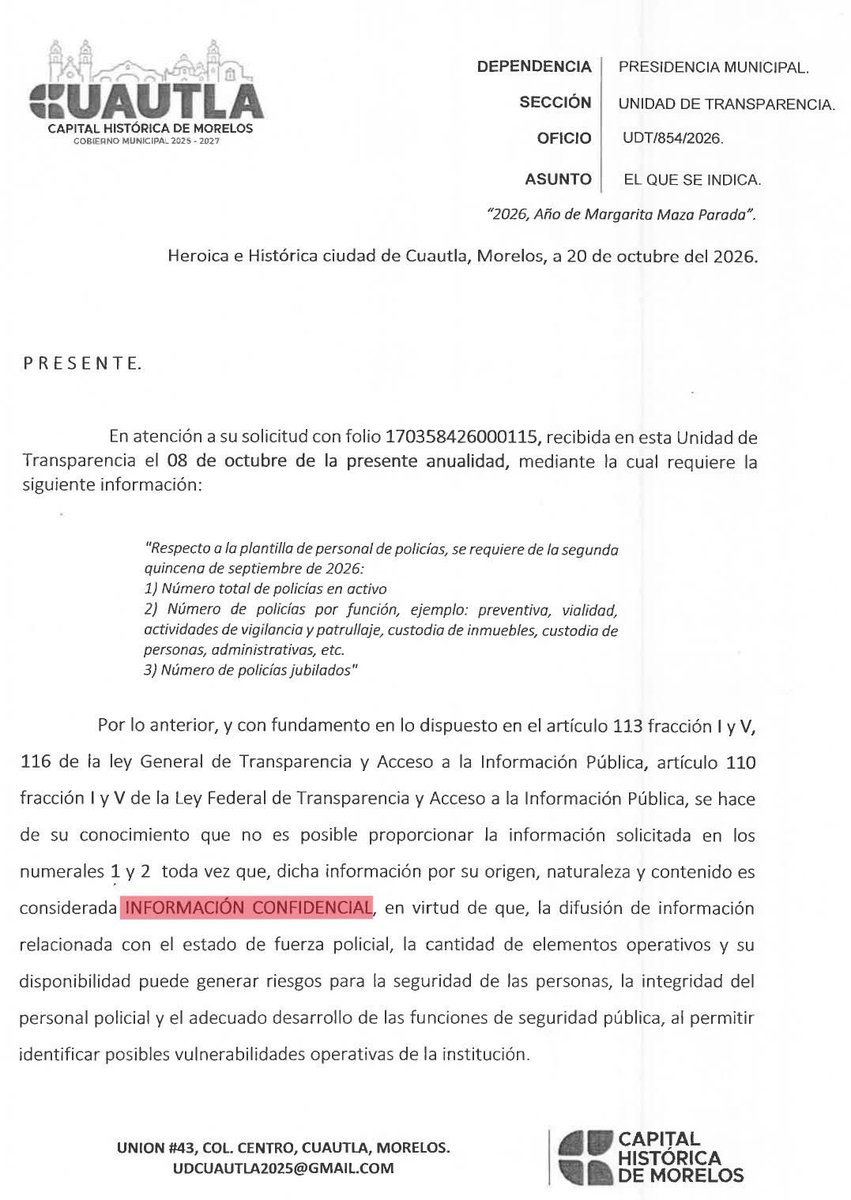 circulo_depoder's tweet photo. 🔴 ¿CUÁNTOS POLICÍAS CUIDAN CUAUTLA? EL AYUNTAMIENTO SE NIEGA A INFORMARLO

En medio de los problemas de inseguridad que enfrenta #Cuautla, el Ayuntamiento se niega a transparentar cuántos elementos policiacos están encargados de proteger a la población.

Conocer el estado de fuerza de la corporación es información de interés público y una exigencia legítima de los ciudadanos.

Mientras la inseguridad preocupa a las familias, la pregunta sigue sin respuesta: ¿cuántos policías están realmente cuidando Cuautla?

Vía. @RindeCuentasMor 

#Morelos