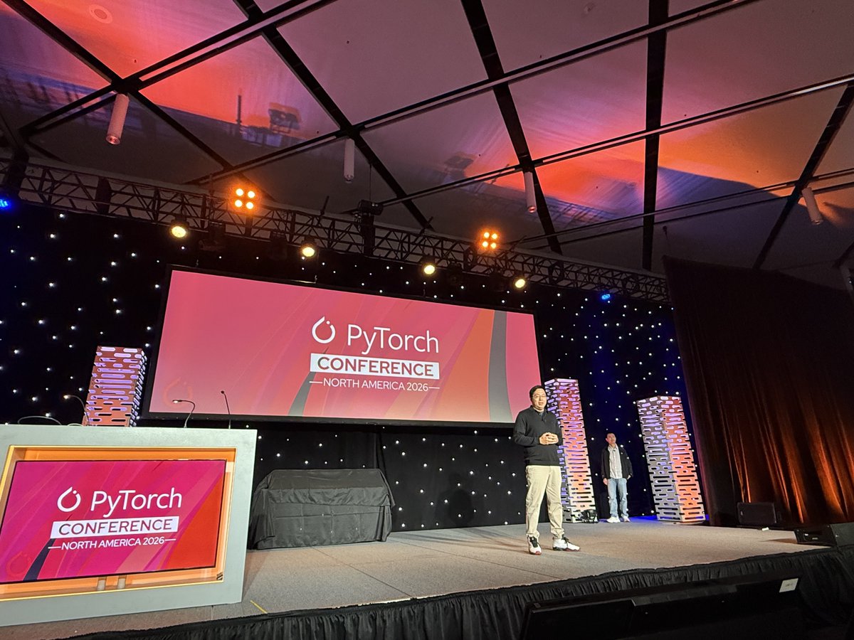 PyTorch's tweet photo. Bill Jia (@GoogleCloud) and Zongwei Zhou (@Meta) introduce TorchTPU, a native PyTorch backend for Google TPUs, and agentic developer workflows at #PyTorchCon 2026. 

TorchTPU is an open source collaboration between Google and Meta, developed in close partnership with PyTorch core maintainers. It integrates with Hugging Face Transformers for modeling, TorchTitan for training, and vLLM and SGLang for serving. 

They demonstrate how long-horizon agentic workflows can migrate complex model workloads from GPUs to TPUs. They explore using agents for performance optimization, including quantization, custom kernel generation, and advanced sharding strategies. 

Watch the keynote livestream: https://t.co/6TtaEkvsHz