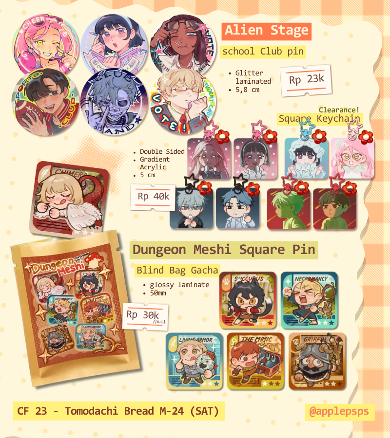 applepsps's tweet photo. [💗&amp;🔄are appreciated!!] 
#CF23 OTS Catalogue! ‧₊ ᵎᵎ 🍎 ⋅ ˚✮

🗓Oct 31 2026 [Day 1 only]
🍞M-24 [Tomodachi Bread]

🍏Resident Evil Bryan, TPN, The Promised Neverland New Jeans, AOD, Good Omens, ALNST, Love Bullet, Dungeon Meshi

(1/2)#comifuro23 #cf23catalogue https://t.co/Qgw3MyIocU