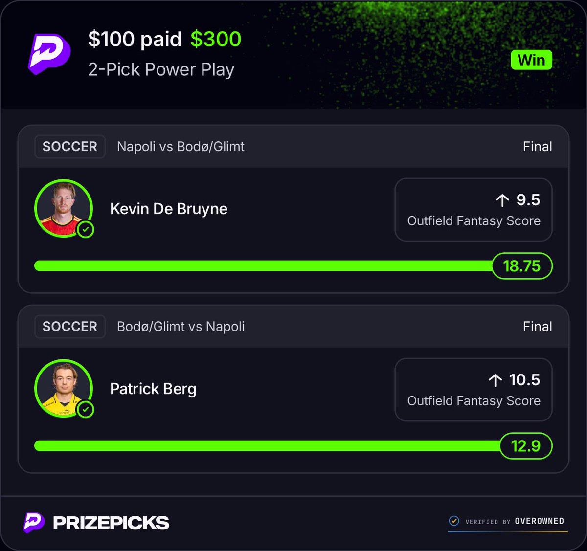 PickPulse1's tweet photo. Simple with @OverOwnedDFS projections

De Bruyne “O” 9.5 FS ✅
Berg “O” 10.5 FS ✅ https://t.co/SbqV6XXbEg