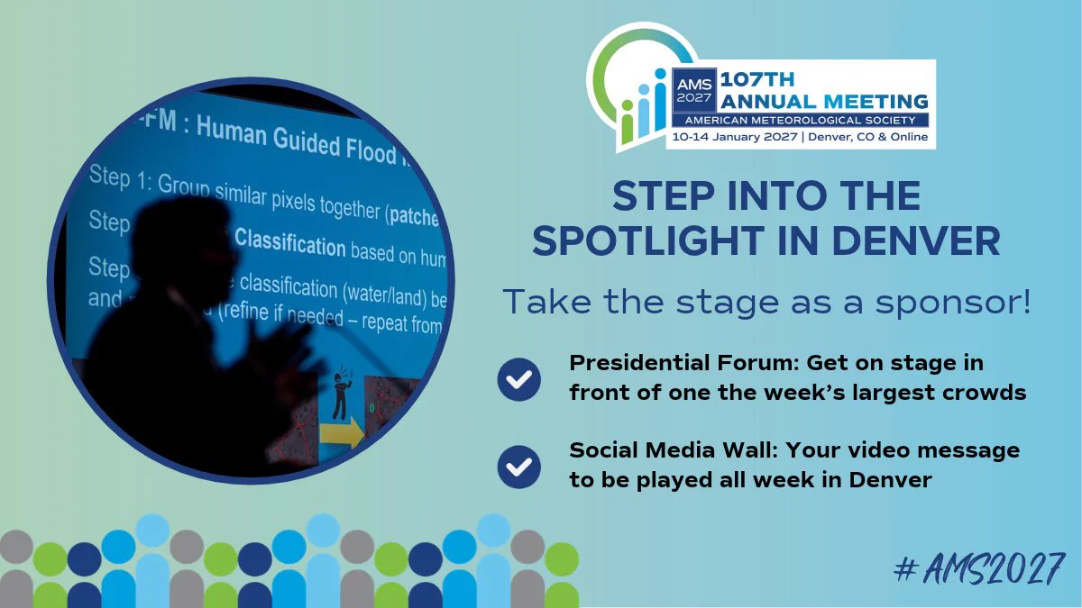 This image is a promotional graphic for the 107th Annual Meeting of the American Meteorological Society, which will be held in Denver, CO, from January 10-14, 2027. It invites sponsors to "Step into the Spotlight in Denver" and highlights opportunities like the "Presidential Forum" and a "Social Media Wall." On the left, there's a diagram related to flood classification, and the bottom right features the hashtag #AMS2027.