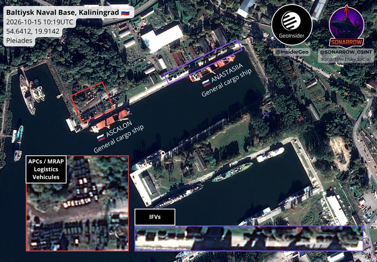 InsiderGeo's tweet photo. EXCLUSIVE: In a joint investigation by @InsiderGeo  × @SONARROW_OSINT , we identified a large-scale Russian military loading operation in Baltiysk. Between October 15 and 16, we observed the Russian cargo vessels ASCALON (IMO 9198226), LADY D (IMO 9349289) and ANASTASIIA (IMO 9349291) loading significant quantities of military equipment at the Kaliningrad naval base, including logistics vehicles, infantry vehicles, MRAPs and troop transports.

A rotation of other cargo vessels also appears to have taken place in the days before and after, although heavy cloud cover over the period makes this difficult to confirm.

One or more large convoys are likely already underway. Their destination(s) remain unknown at this time.