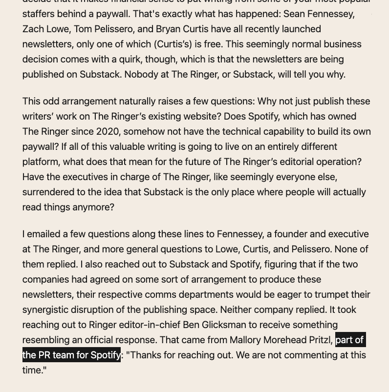 readDanwrite's tweet photo. isn't it obvious (even if they won't cop to it) that The Ringer, which is now explicitly an arm of Spotify, is moving toward being just a podcast/vodcast platform with no written articles? via @DefectorMedia https://t.co/sPYYG2BDZ5