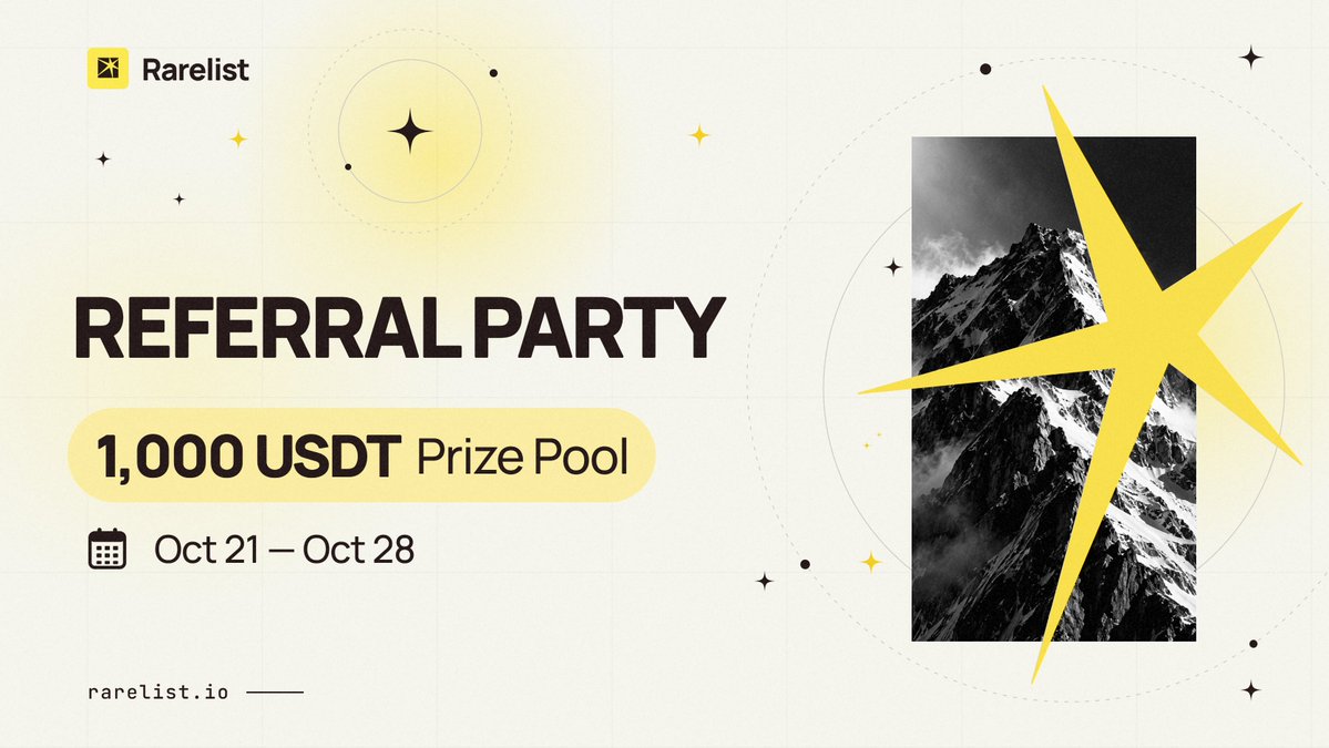 rarelistio's tweet photo. Join the Rarelist Referral Party! ✨

https://t.co/ylsYlTdSOi

Bring good people in with your personal link.
Climb the referral leaderboard.

Prize pool: 1,000 USDT
End date: October 28 https://t.co/aaU0yiOJT1