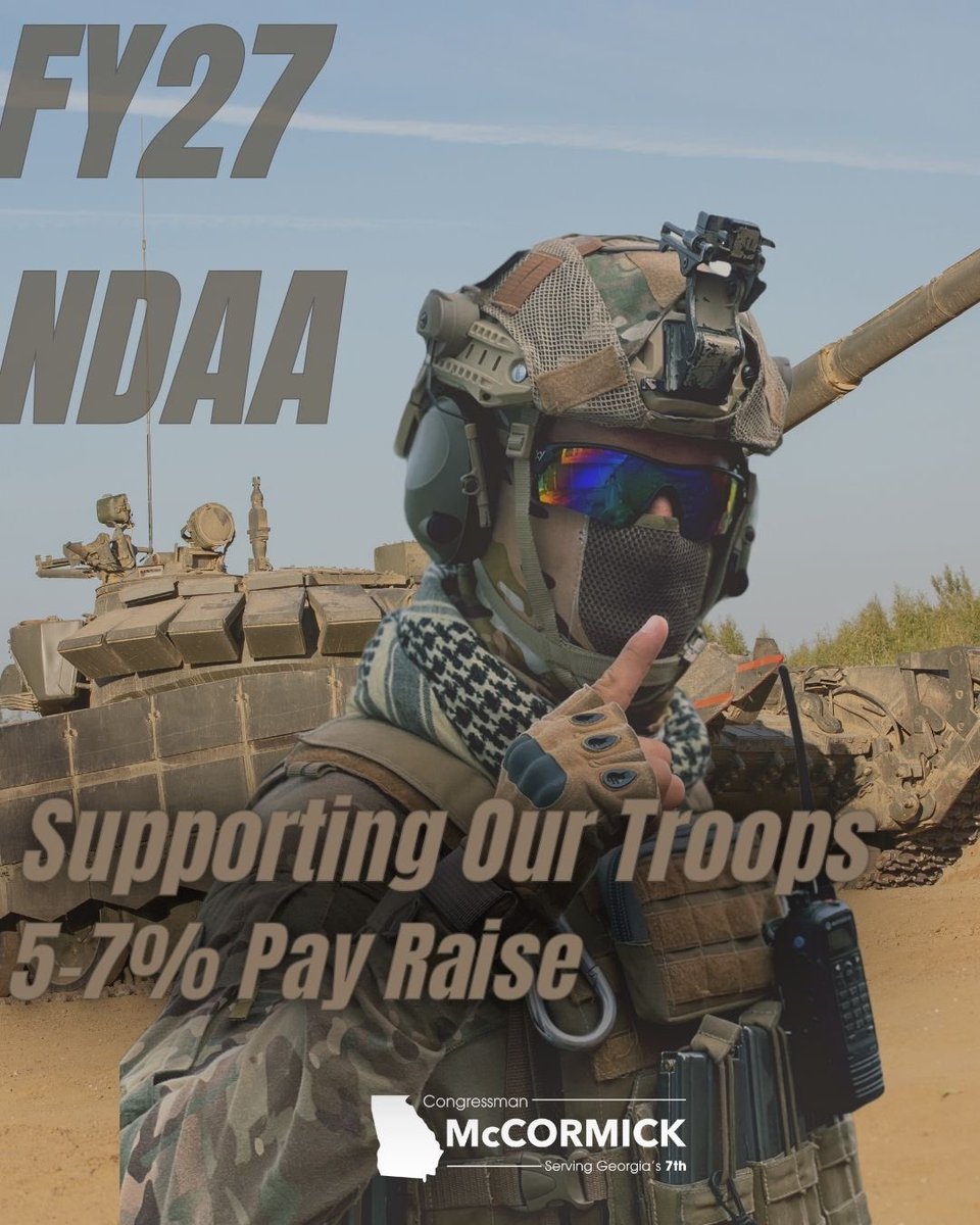 RepMcCormick's tweet photo. America’s heroes shouldn’t have to fight to make ends meet after fighting to defend our freedom. 

The #FY27NDAA supports @POTUS’ proposed 5–7% military pay raise, delivering a stronger financial future for our servicemembers and their families. 🇺🇸 https://t.co/IOUBzvNUEc