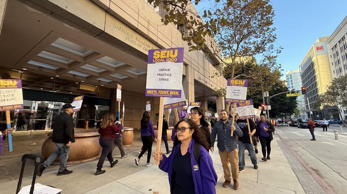 SEIU's tweet photo. Today, @SEIU1000 members are taking a historic stand and striking across California! They are the nurses, custodians, IT specialists, educators, analysts and scientists who keep California moving forward across 140 state departments. Now they’re protesting bad faith bargaining by the state and they are fighting for a contract that lets them afford to live in the communities they serve!