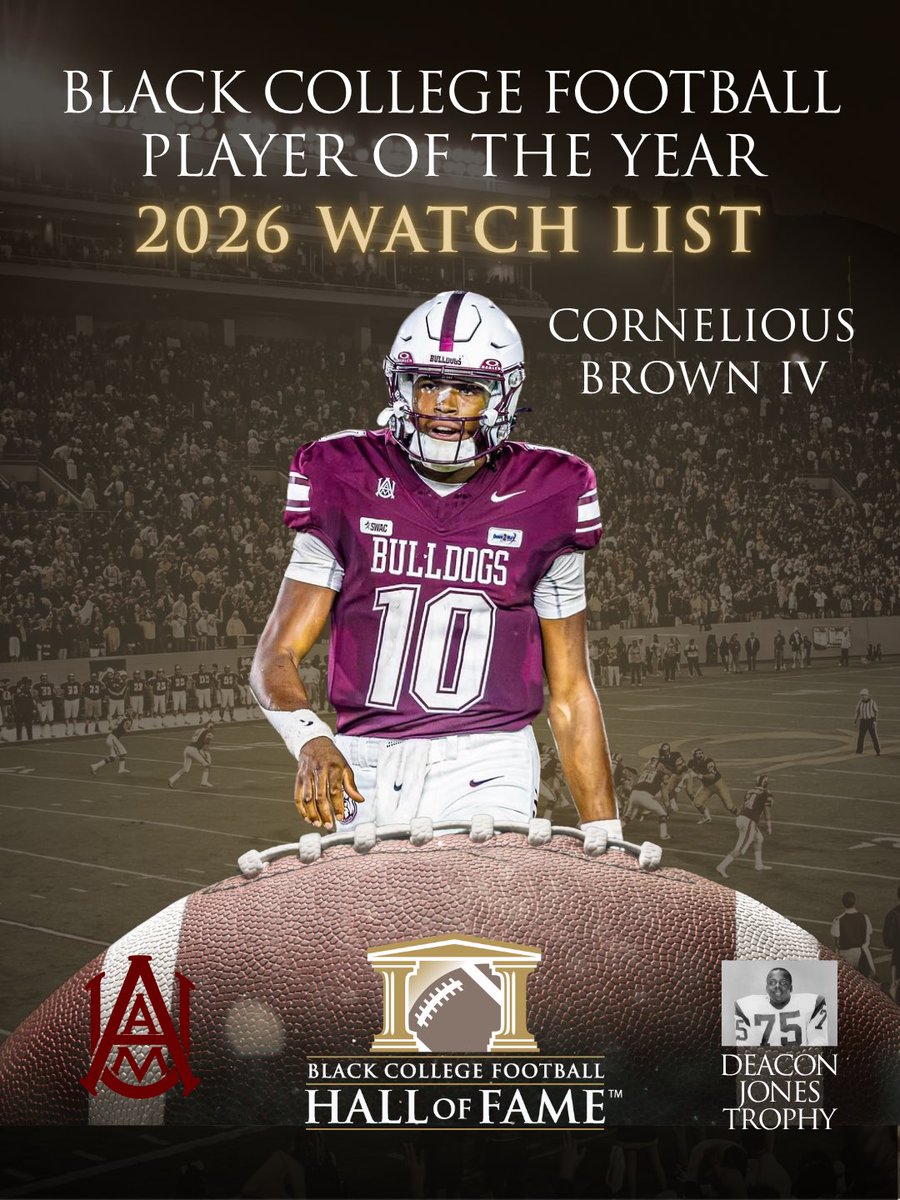BCFHOF's tweet photo. ADDED TO WATCH LIST 🚨📢

Cornelious Brown IV, QB, Alabama A&M

Cornelious led Alabama A&M to a dominant 61-31 win over Grambling State, throwing for 417 yards and 5 touchdowns while adding a rushing score, earning Week 7 SWAC Offensive Player of the Week honors and Stats Perform FCS National Player of the Week honorable mention.