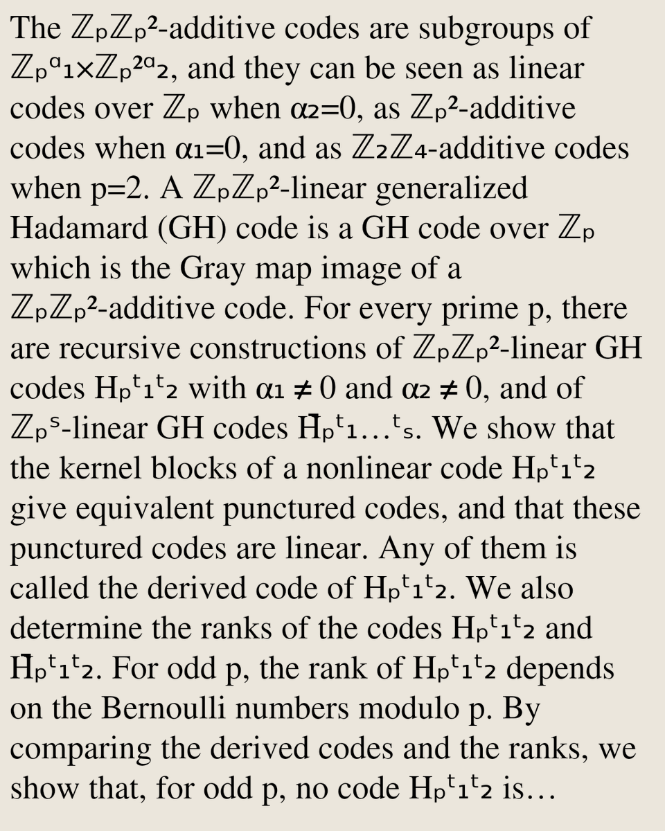 Encoding's tweet photo. Nonequivalence of ℤₚℤₚ²-linear and ℤₚˢ-linear generalized Hadamard codes for odd primes

Dipak K. Bhunia
https://t.co/lCVK50U1E8 [𝚌𝚜.𝙸𝚃] https://t.co/nTgRyixepi