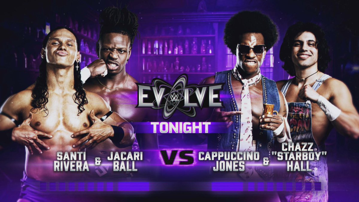 WWE's tweet photo. Santi Rivera and @JacariBallWWE take on @coldbrewjones and @starb0ycharlie TONIGHT on #WWEEvolve! 👊

Tune into #WWEEvolve tonight at 8 ET/5 PT only on @Tubi!

WATCH HERE:  https://t.co/IWY34Bth54 https://t.co/3SKaEo2ugu