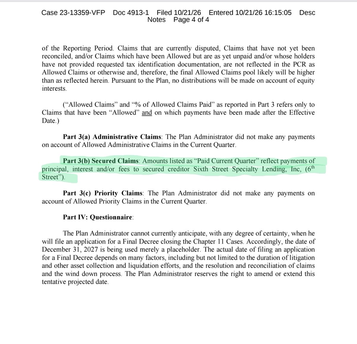 RuoKdaM's tweet photo. https://t.co/TxKqrZwXI9
Comparing Q2 &amp; Q3 PCR notes reveals a major win: while the $0 anticipated payment remains a routine legal placeholder, Sixth Street's secured claim was officially wiped out in Q3! With 0 legal fees &amp; the primary priority lien cleared, final stretch is here https://t.co/KgohgAVxB2