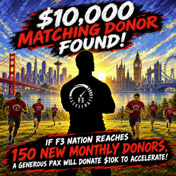 F3Nation's tweet photo. 🚨F3 NATION HAS BEEN CALLED OUT🚨

An anonymous donor in F3 has stepped up and offered us a CHALLENGE. If we can get just 42 More Monthly Donors, they will give a $10k gift to Accelerate. 

Your small, monthly gift has the potential to make a big difference in F3.

Will you answer the call?

https://t.co/ARhYfZ1kzg