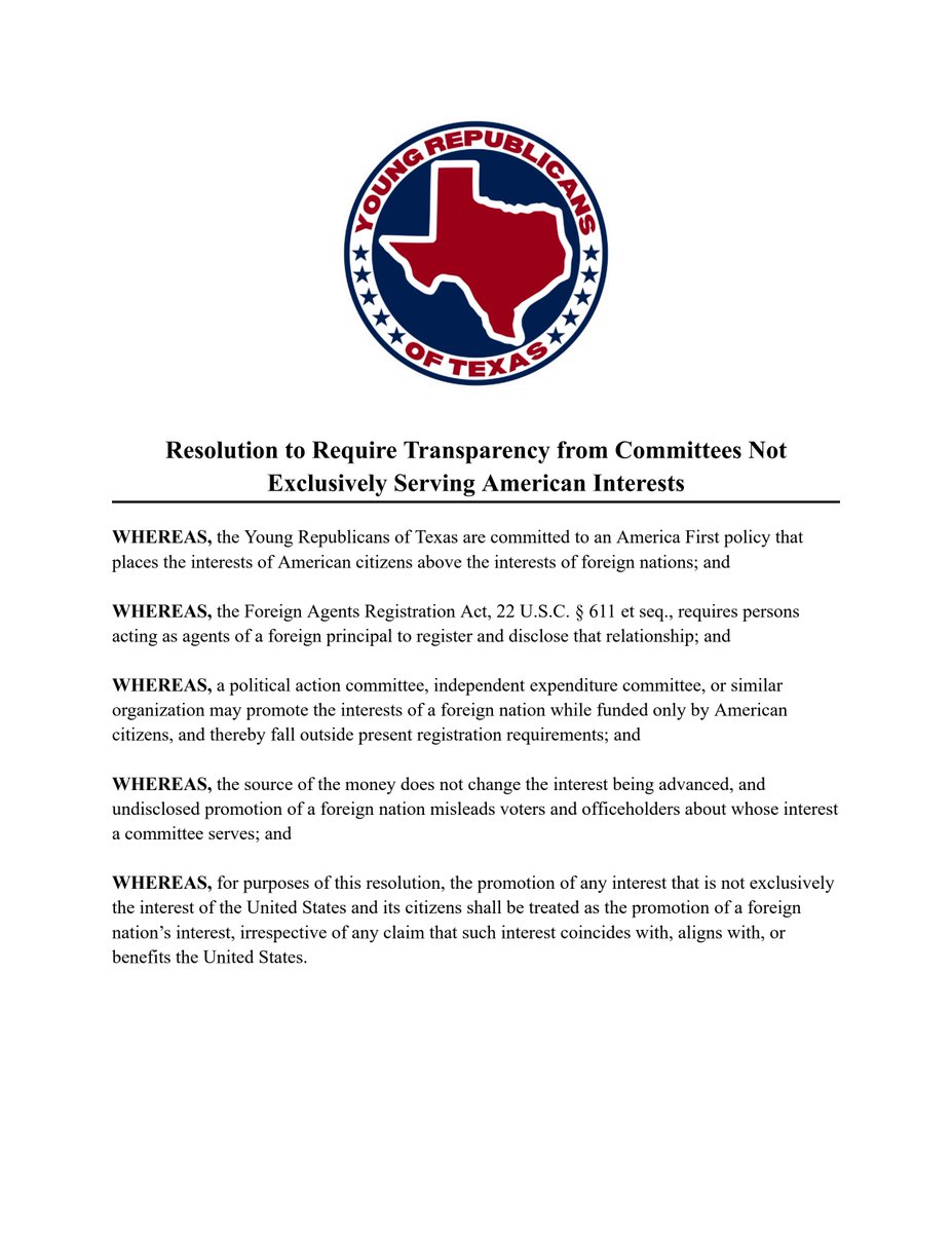 YRsOfTexas's tweet photo. Native Americans, beware of foreign influence!

At our recent convention, we passed a resolution calling on Congress to require any political committee that promotes the interests of a foreign power to register under FARA—regardless of who's technically funding it. https://t.co/FwuLBfZwpP