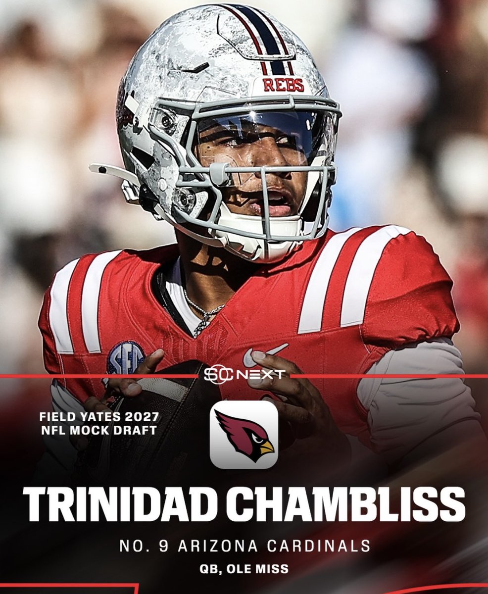 RebelRundown's tweet photo. ESPN’s Field Yates dropped his projected top-10 for the 2027 NFL Draft earlier. He has the Arizona Cardinals taking Trinidad Chambliss at No. 9 overall.

The fit makes a lot of sense 

https://t.co/QvjtOCBiUJ https://t.co/4LIcaMBVVx