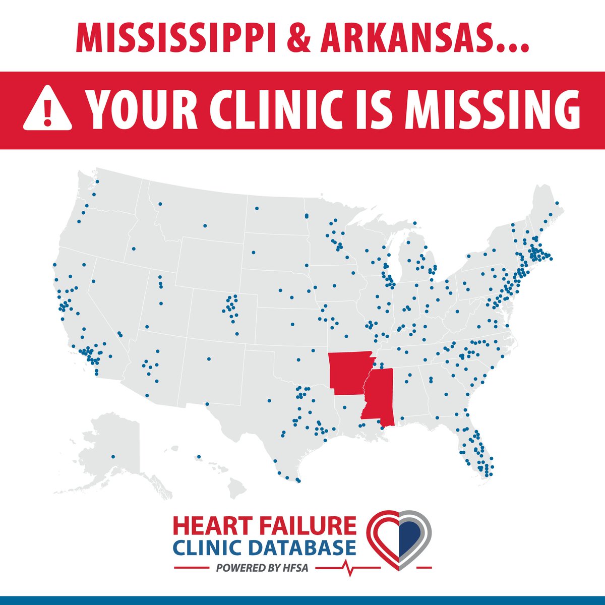 HFSA's tweet photo. Mississippi: 13% Medicare HF prevalence, 1 registered HF clinic. Arkansas: 14%, tied for highest in the nation, 1 registered clinic. Treat HF patients in either state? Get on the map: https://t.co/v0b2klU7zi...

#HeartFailure https://t.co/wwlMN4OA7x