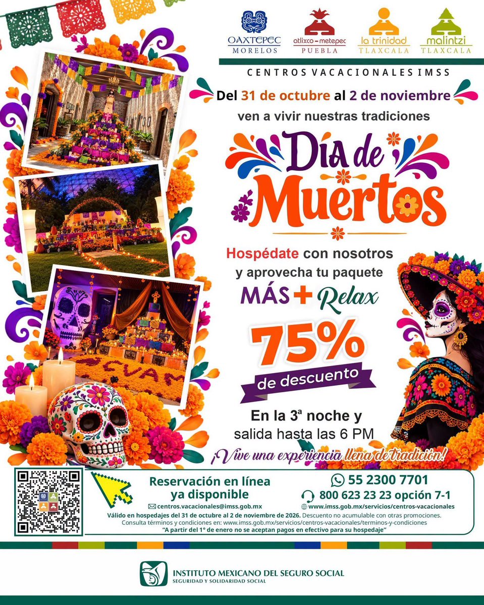 IMSSGro's tweet photo. 🧡💀 Honra nuestras raíces y vive la magia del Día de Muertos. 🏵️✨
Del 31 de octubre al 2 de noviembre, transforma este puente en una experiencia inolvidable. Hospédate en nuestros Centros Vacacionales IMSS y rodeate de color, tradición y la calidez de nuestra gente. 🇲🇽 https://t.co/7AVouIt2Jw
