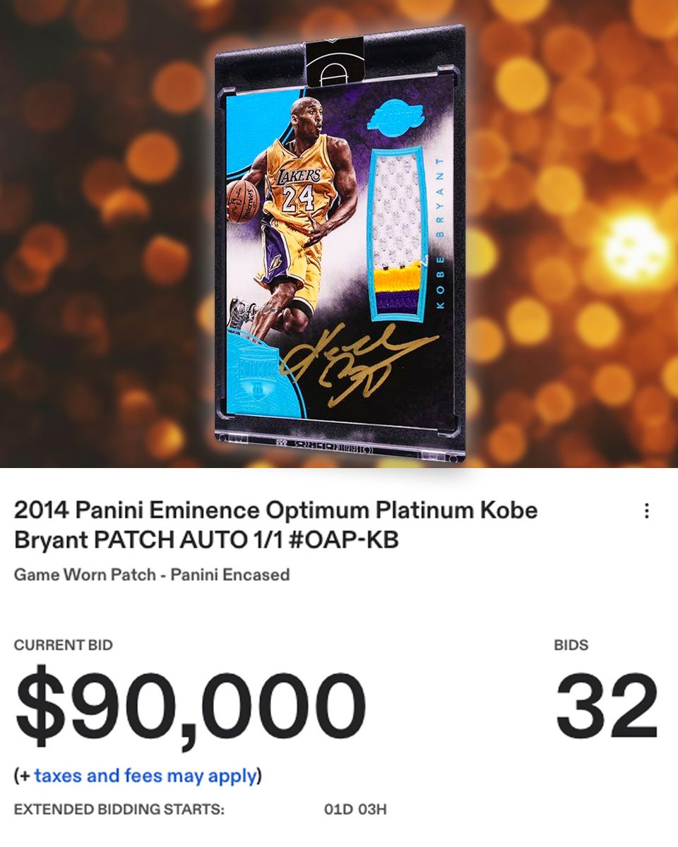 gurucollects's tweet photo. This might be one of the ultimate Kobe cards from his final NBA season 🐍

This 2014-15 Panini Eminence Optimum Platinum is a true 1/1 featuring a gold on-card Kobe auto and a massive game-worn Lakers patch.

It comes from the inaugural Eminence release, which debuted during Kobe’s farewell season and was Panini’s most expensive basketball box ever at the time.

Now the 1/1 is up for grabs in the Fanatics @Collect October Premier Auction, and extended bidding begins TOMORROW NIGHT 👀