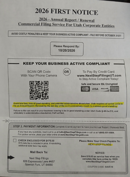 UtahCommerce's tweet photo. Utah business owners: watch out for official-looking mailers asking for high fees to renew your business license.
Private companies often send mailers mimicking government notices, charging $100+ for renewals that cost only $18 directly through the state. https://t.co/NWRXBJVvrG