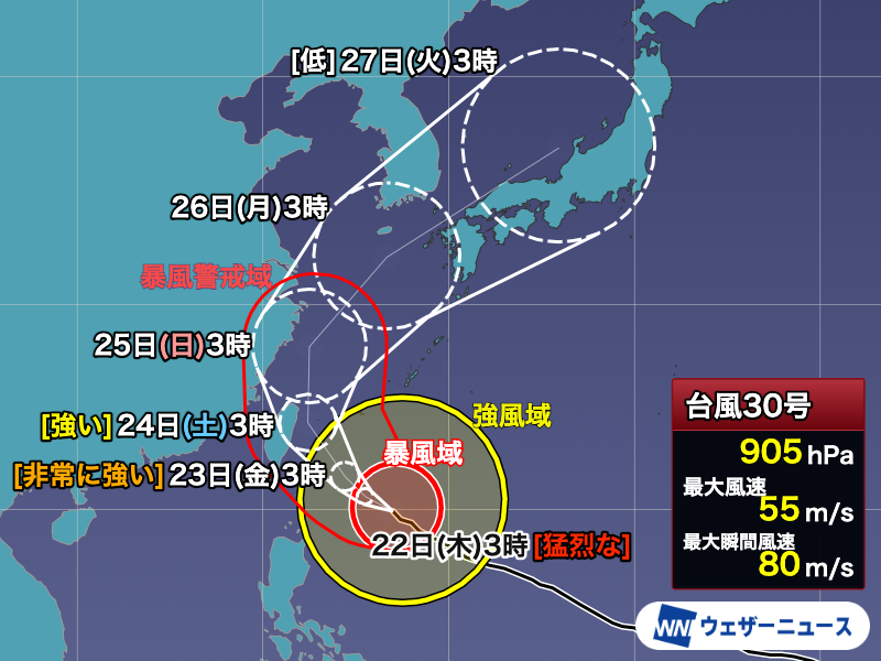 wni_jp's tweet photo. 【台風情報】
22日(木)3時現在、大型で猛烈な台風30号(チャンパー)はフィリピンの東を西北西へ進んでいます。沖縄では次第に荒天となり、明日は先島諸島を中心に暴風や高波に警戒が必要です。
西日本や東日本も影響を受ける可能性があるため、今後の情報にご注意ください。
https://t.co/QKYb7ORNJ5 https://t.co/DtwI8ZdjJr