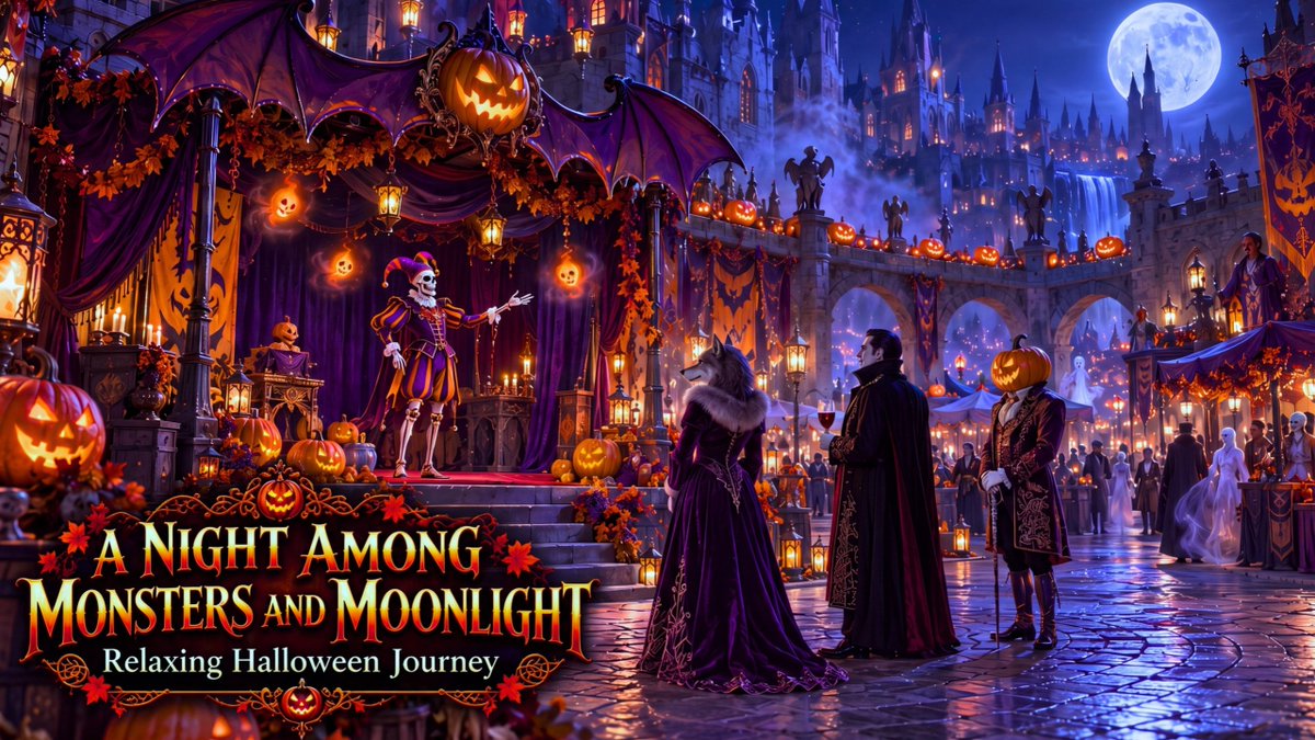 RunTime83's tweet photo. 🎃 The monsters are out to play!

Wander moonlit streets with a well-dressed werewolf, his floating pumpkin pet, ghostly guests &amp; a skeleton jester. Spooky Celtic fantasy music in 4K!💀🌙

▶️ https://t.co/POwN4P6Whf

#Halloween #CelticMusic #HalloweenMusic #SpookySeason #Monsters https://t.co/Vv2oJpLgZN