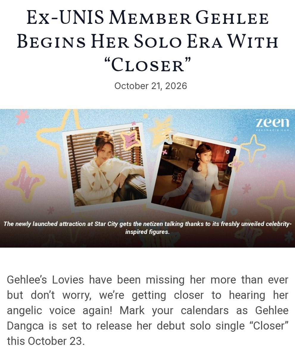 RV_UNIS_Ria's tweet photo. [📰] #GEHLEE | NEWS FEATURE 

"𝑮𝒆𝒉𝒍𝒆𝒆’𝒔 𝑳𝒐𝒗𝒊𝒆𝒔 𝒉𝒂𝒗𝒆 𝒃𝒆𝒆𝒏 𝒎𝒊𝒔𝒔𝒊𝒏𝒈 𝒉𝒆𝒓 𝒎𝒐𝒓𝒆 𝒕𝒉𝒂𝒏 𝒆𝒗𝒆𝒓 𝒃𝒖𝒕 𝒅𝒐𝒏’𝒕 𝒘𝒐𝒓𝒓𝒚, 𝒘𝒆’𝒓𝒆 𝒈𝒆𝒕𝒕𝒊𝒏𝒈 𝒄𝒍𝒐𝒔𝒆𝒓 𝒕𝒐 𝒉𝒆𝒂𝒓𝒊𝒏𝒈 𝒉𝒆𝒓 𝒂𝒏𝒈𝒆𝒍𝒊𝒄 𝒗𝒐𝒊𝒄𝒆 𝒂𝒈𝒂𝒊𝒏!   

𝑴𝒂𝒓𝒌 𝒚𝒐𝒖𝒓 𝒄𝒂𝒍𝒆𝒏𝒅𝒂𝒓𝒔 𝒂𝒔 𝑮𝒆𝒉𝒍𝒆𝒆 𝑫𝒂𝒏𝒈𝒄𝒂 𝒊𝒔 𝒔𝒆𝒕 𝒕𝒐 𝒓𝒆𝒍𝒆𝒂𝒔𝒆 𝒉𝒆𝒓 𝒅𝒆𝒃𝒖𝒕 𝒔𝒐𝒍𝒐 𝒔𝒊𝒏𝒈𝒍𝒆 “𝑪𝒍𝒐𝒔𝒆𝒓” 𝒕𝒉𝒊𝒔 𝑶𝒄𝒕𝒐𝒃𝒆𝒓 23.  

 .....𝑪𝒐𝒎𝒊𝒏𝒈 𝒇𝒓𝒐𝒎 𝒂 𝒈𝒓𝒐𝒖𝒑 𝒐𝒇 𝒆𝒊𝒈𝒉𝒕 𝒕𝒐 𝒈𝒐𝒊𝒏𝒈 𝒔𝒐𝒍𝒐, 𝑮𝒆𝒉𝒍𝒆𝒆’𝒔 𝒅𝒆𝒃𝒖𝒕 𝒔𝒉𝒐𝒘𝒔 𝒕𝒉𝒂𝒕 𝒊𝒕’𝒔 𝒏𝒆𝒗𝒆𝒓 𝒕𝒐𝒐 𝒍𝒂𝒕𝒆 𝒕𝒐 𝒔𝒕𝒂𝒓𝒕 𝒂𝒈𝒂𝒊𝒏 𝒂𝒏𝒅 𝒕𝒐 𝒉𝒂𝒗𝒆 𝒄𝒐𝒖𝒓𝒂𝒈𝒆 𝒕𝒐 𝒇𝒐𝒍𝒍𝒐𝒘 𝒚𝒐𝒖𝒓 𝒅𝒓𝒆𝒂𝒎𝒔. "

- @zeenmagazineph | 10.21.26

Read more
🔗https://t.co/Bl6ZOHPY5X

🔗 Pre-save her new single: https://t.co/wd7YYvggwS

#GEHLEE #CloserwithGEHLEE