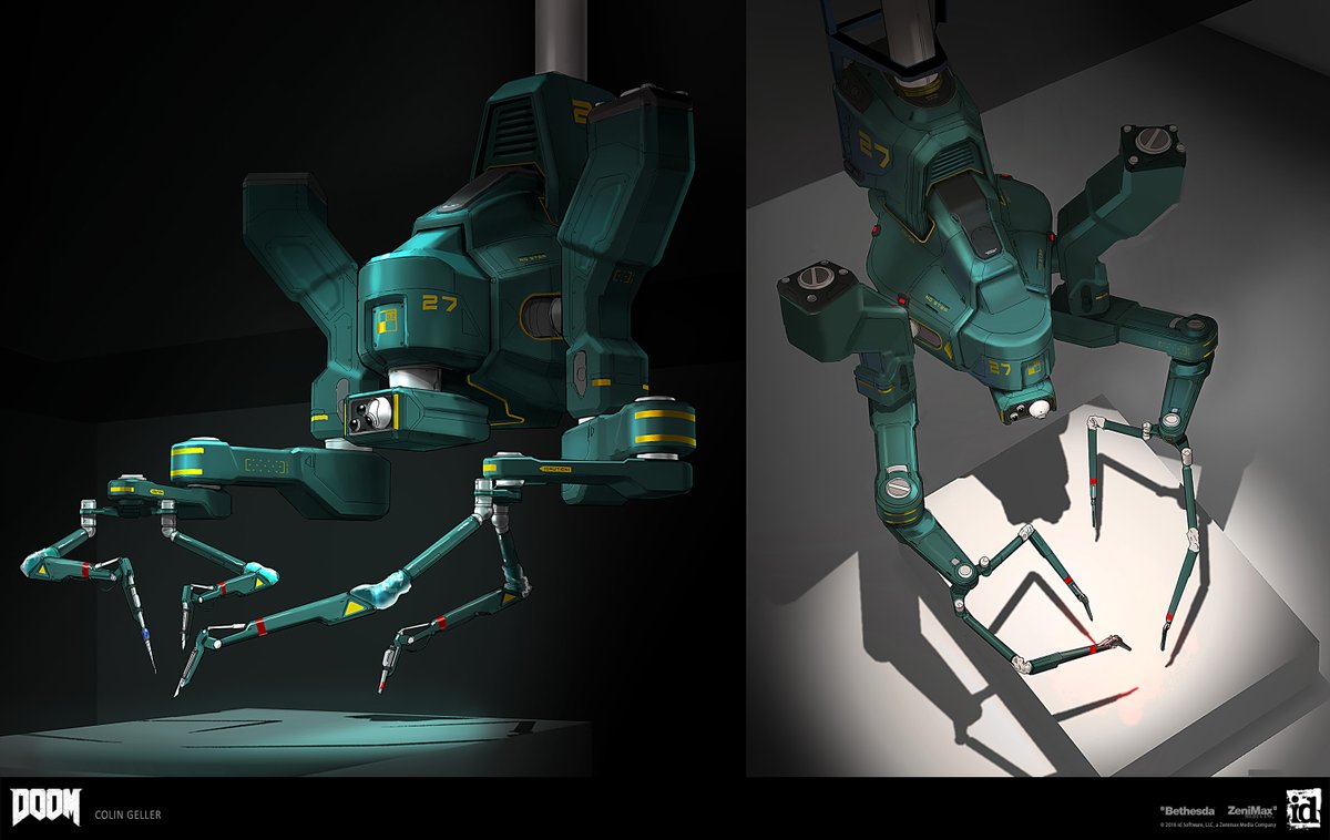 MistaksWerMade's tweet photo. Happy #WaybackWednesday with a variety of robot concepts from DOOM 2016!

Even background props need some love! In addition to getting to work on a lot of environments on the project, I always enjoyed prop assignments as they were nice little self contained designs and stories! 

Originally the surgery bot was going to have more of a presence in the game, but I'm glad he made it in there! In another concept I had him operating on a Mancubus and this would have been part of the process to use UAC technology to upgrade the demons! Those fools!

The second one is the collapsed from of the "echo drone" which the DOOM Slayer would have deployed to scan environments and display they 'echo' hologram scenes used for story elements. A few of the Echo's stayed but are now played as you enter a space instead of by player deploying something. Ultimately this meant it got cut. 

The cargo robot was originally supposed to be a transforming prop that could be posed depending on what function it was doing. I built into the design a way for it to go almost flat and carry containers etc. The full functionality did not make it into the final game but the static model did!

For my complete portfolio works check out my website: https://t.co/uavp7BkI3s 

Additional images for some projects check out my Artstation: https://t.co/6bHAGilDEF 

Like, Share & Follow for more!