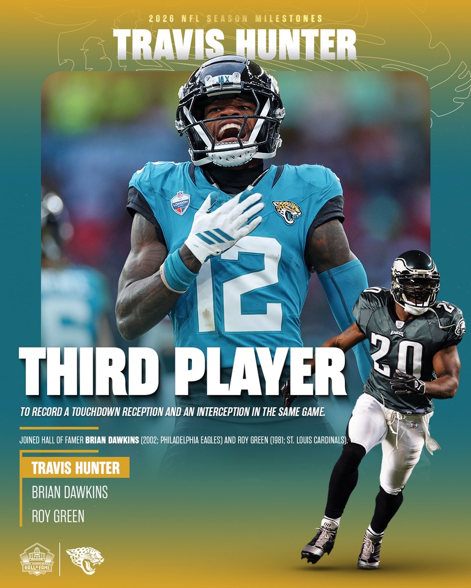 ProFootballHOF's tweet photo. Quite the day for Travis Hunter. A touchdown reception. An interception. And a spot alongside Hall of Famer Brian Dawkins and Roy Green. https://t.co/wTebNlTgBV