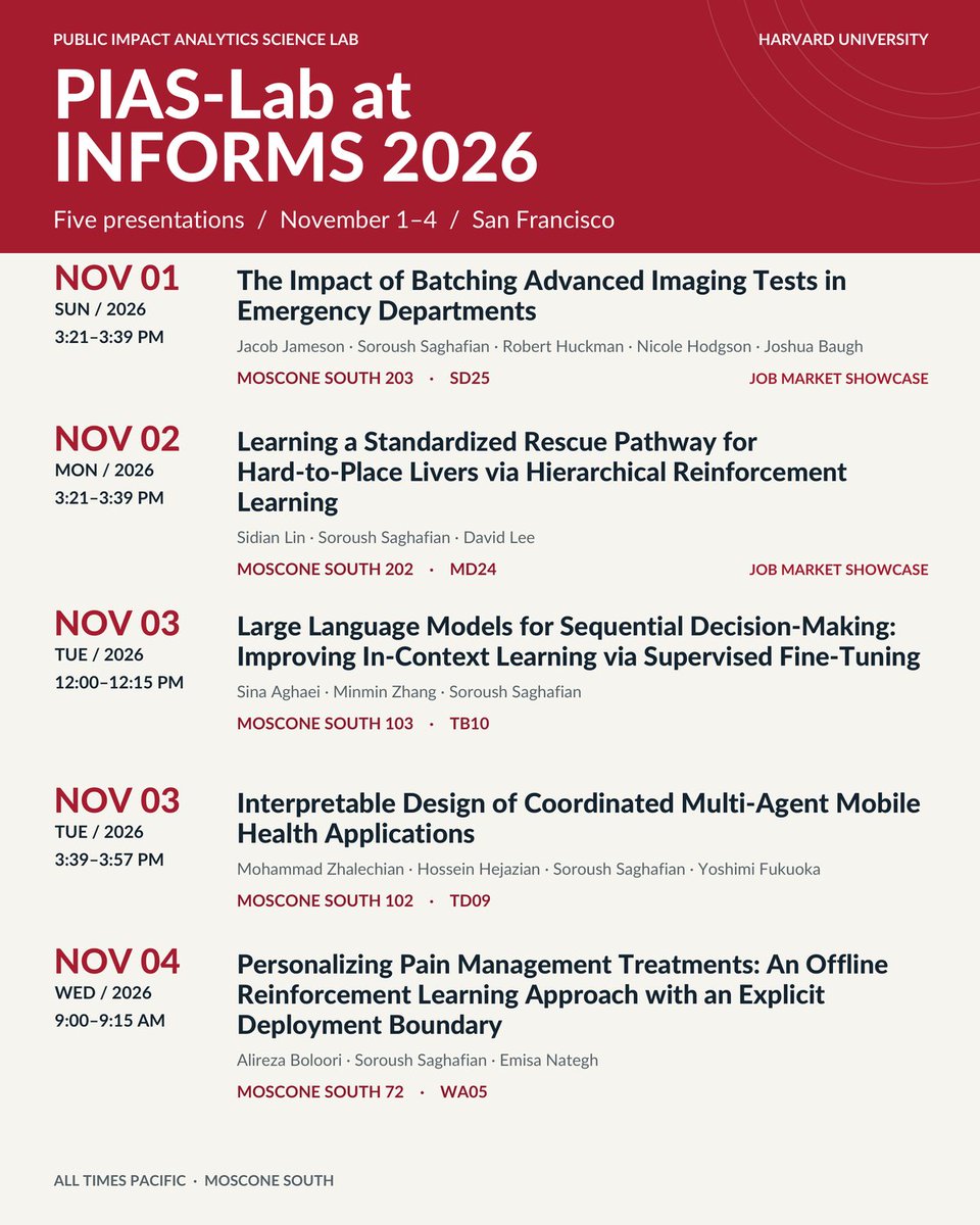 PIASLab's tweet photo. We are ready for #INFORMS2026
Five talks spanning ED imaging, liver transplantation, LLMs, mobile health, and personalized pain management.

Find us Nov 1–4 in San Francisco https://t.co/ajVhCw09q9
