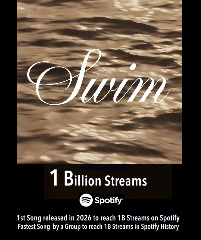WORLDMUSICAWARD's tweet photo. "SWIM" becomes the 1st song released in 2026 to surpass 1 BILLION streams on Spotify, and the Fastest song by a Group to reach this Milestone in history! 💪🐐👑💜

BTS PAVED THE WAY
#BTS_SWIM 
@BTS_twt https://t.co/LI0BHLvP2O