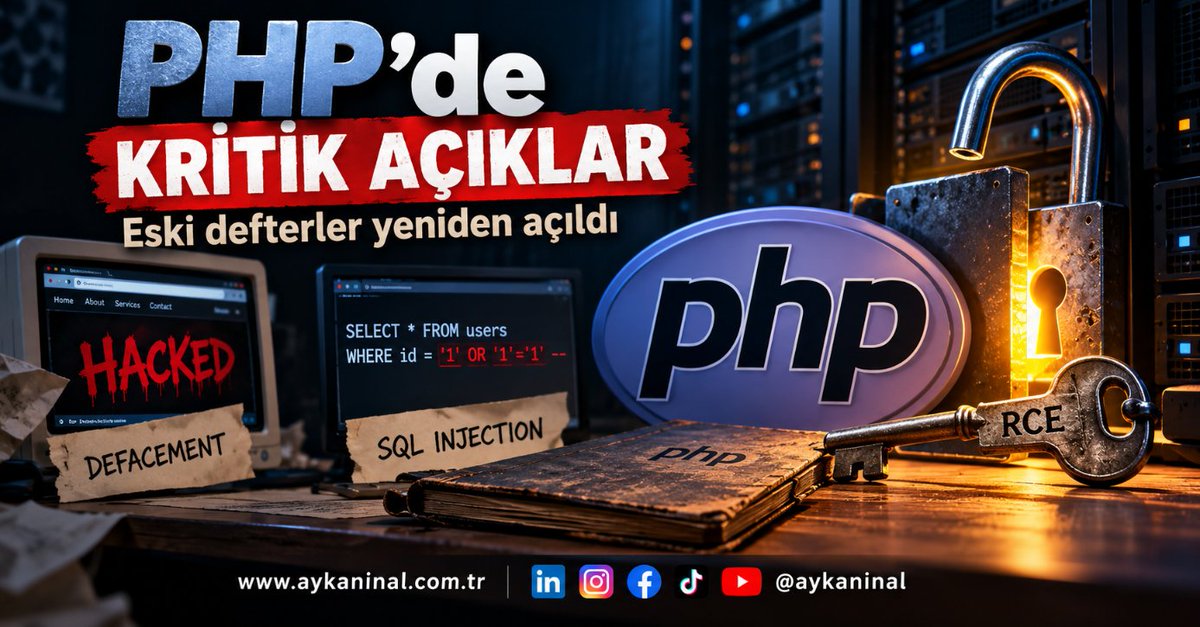 aykaninal's tweet photo. https://t.co/BMwahSlOdH
21 Ekim 2026'da PHP'de iki kritik güvenlik açığı duyuruldu. Konuyu okuyunca aklıma eski günlerdeki web sitesi saldırıları geldi
.
#PHP #SiberGüvenlik #CyberSecurity #SQLInjection #WebSecurity #YapayZeka #SuperZelka #AI #SI #BilgiGüvenliği https://t.co/9izttDS8m0