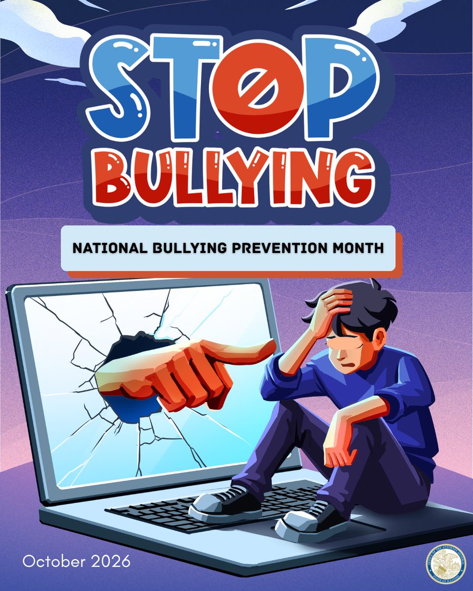 ILAttyGeneral's tweet photo. Whether virtual or physical, bullying is no joke. It can result in physical injury, social and emotional distress, self-harm, and even death. #NationalBullyingPreventionMonth is a reminder to be an upstander, not a bystander, to help stop bullying in our communities. https://t.co/AQnVhg9GQT