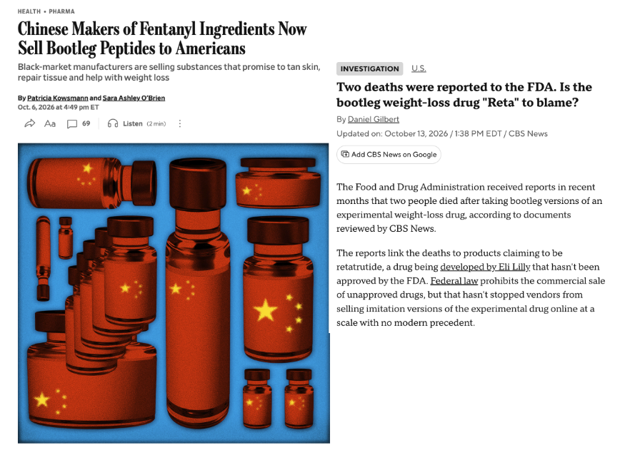 bryan_johnson's tweet photo. Your peptides may be coming fentanyl suppliers. 

Anhui Renchen Technology was indicted in 2023 for supplying the Sinaloa Cartel with fentanyl precursors. 

Their website currently sells semaglutide and melanotan II.

Of roughly 200 Chinese firms TRM Labs tracked selling fentanyl precursors, at least 50 now sell peptides. 

The shipments enter the US in “master cartons” mislabelled as snack food, broken up by a domestic handler and mailed on. CBP has intercepted around 400 of those operations and seized over 130,000 vials in the past year. 

FDA records surfaced showing two deaths, one in July and one in September, reported after people injected untested black market retatrutide.