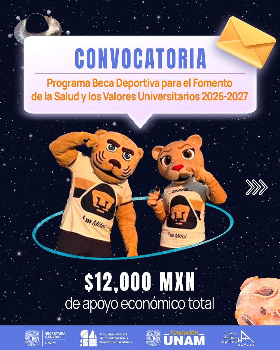 case_unam's tweet photo. 🏅 ¿Estudias en el CCH o la ENP y practicas deporte?
Conoce la Beca Deportiva UNAM 2026–2027, con un apoyo total de $12,000, sujeto a los requisitos de la convocatoria.

📅 Regístrate del 21 al 28 de octubre.

💻 https://t.co/6r4OyokaG7

#BecasUNAM #UNAM https://t.co/EcAj0x1Q6v