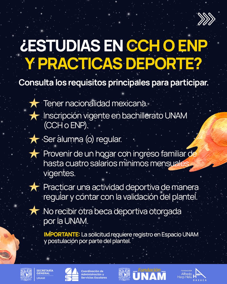 case_unam's tweet photo. 🏅 ¿Estudias en el CCH o la ENP y practicas deporte?
Conoce la Beca Deportiva UNAM 2026–2027, con un apoyo total de $12,000, sujeto a los requisitos de la convocatoria.

📅 Regístrate del 21 al 28 de octubre.

💻 https://t.co/6r4OyokaG7

#BecasUNAM #UNAM https://t.co/EcAj0x1Q6v