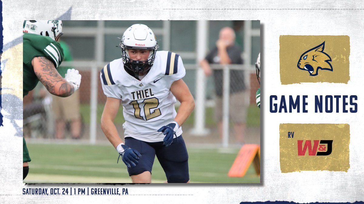 ThielAthletics's tweet photo. 🏈𝗚𝗔𝗠𝗘 𝗡𝗢𝗧𝗘𝗦📒

Thiel is back home for a challenge versus RV W&amp;J Saturday to begin the Polis era! Preview the action below⬇️

🔗https://t.co/QQHm5i6rnj

#TomcatPride | @PAC_Athletics https://t.co/mCfEVUhc4o