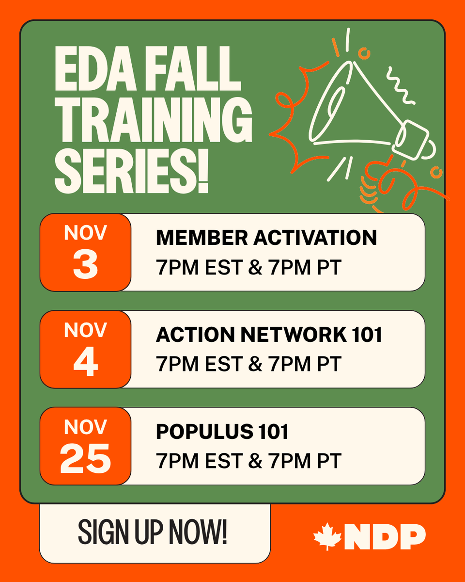 NDP's tweet photo. If you're a part of your local NDP chapter, we've got a series of fall trainings for you! Get the tools you need to build power at the grassroots in your community and sign up today.

These virtual training sessions will start on November 3rd, and run until November 25.

🔗Save your spot: https://t.co/SVWWXxrs1j