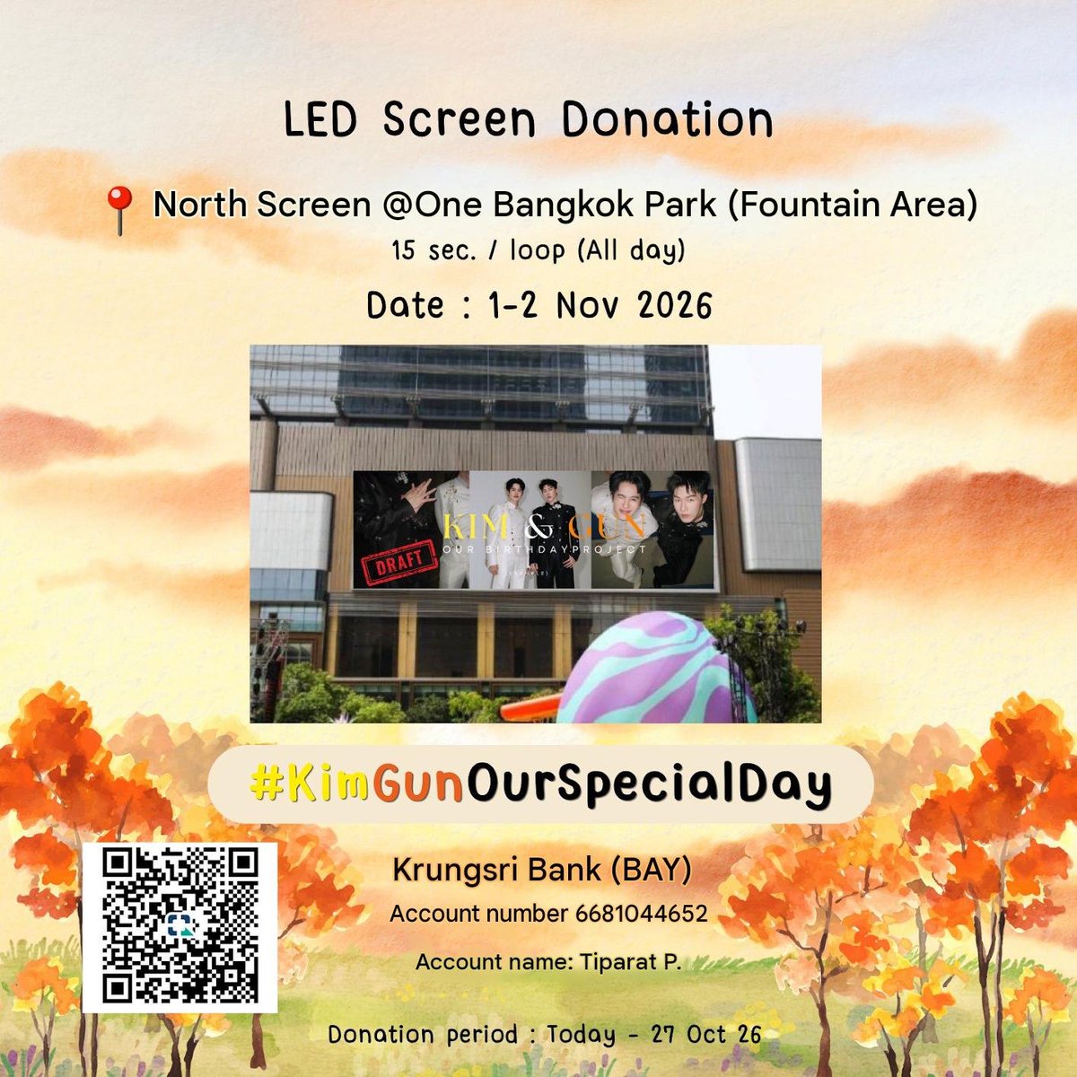 proxie_europe's tweet photo. "𓂃 ࣪˖ ִֶָ𐀔 KimGun's Birthday Project 2026 ♡
#KimGunOurSpecialDay
#PROXIEKim #PROXIEGun
We invite everyone to contribute to our LED screen project to celebrate Kim and Gun’s birthdays in a grand way!
📍 LED screen at the North Screen (Fountain Plaza), One Bangkok, from November 1–2, 2026 🎂🎉"
Translation by Google Translate