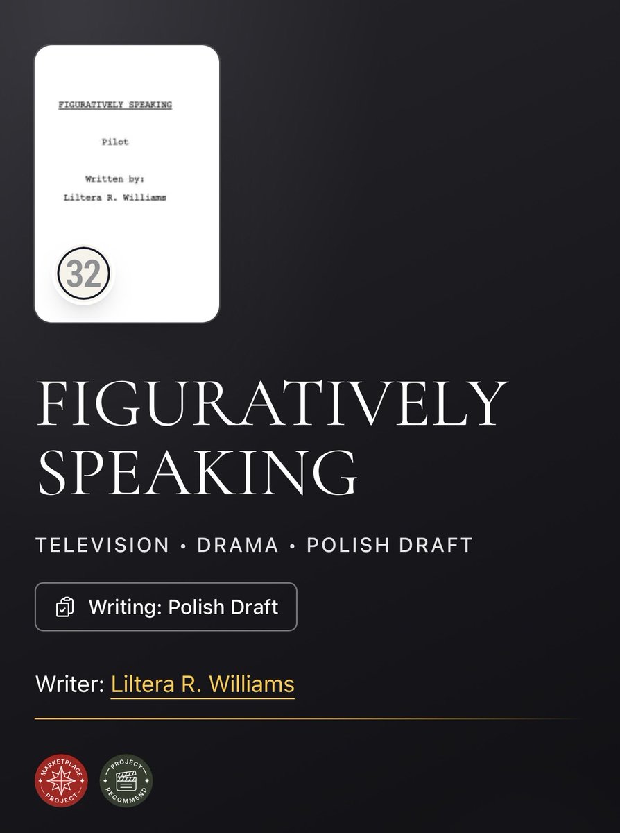 iWrite4orU_LRW's tweet photo. Thanks @Stage32! 🎉 

FIGURATIVELY SPEAKING is being recommended and I'm ready to be repped...

#TVWriter #Screenwriter #WritingCommunity 

(Screen)#WriterGrind®️✍🏾📺 https://t.co/6DNTX9OiwS