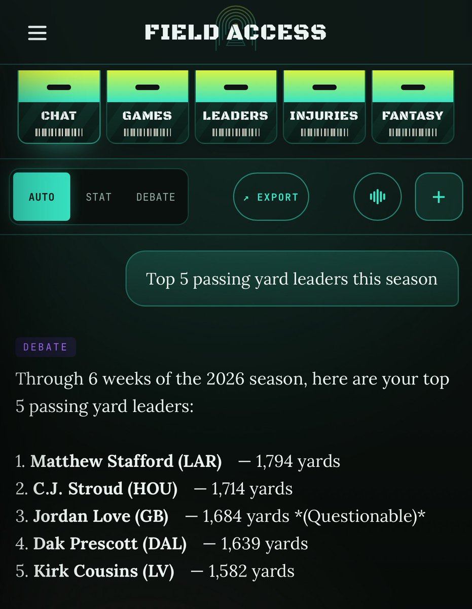 FieldAccessCo's tweet photo. The year is 2026. Kirk Cousins is Top 5 in passing yards through 6 Weeks of the #NFL Season.

What else sticks out to you? https://t.co/DbtUYkBZqm