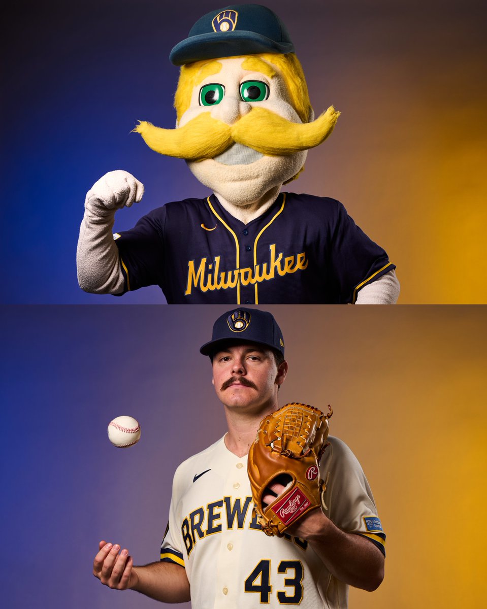 MLB's tweet photo. Better mustache: Logan Henderson or Bernie Brewer 🤔

#WorldSeries https://t.co/XpDWDCOZ6S