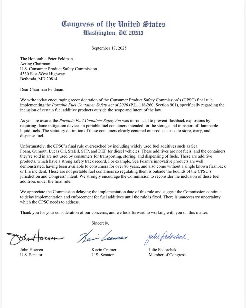 SenKevinCramer's tweet photo. After hearing about the challenges faced by Sea Foam, I led a delegation letter calling on @USCPSC to get this right and stop applying portable fuel container regulations to fuel additives. Good to see the Commission finalized its new course of action. We need sensible regulations to protect consumers without the bureaucracy getting in the way of North Dakota businesses.