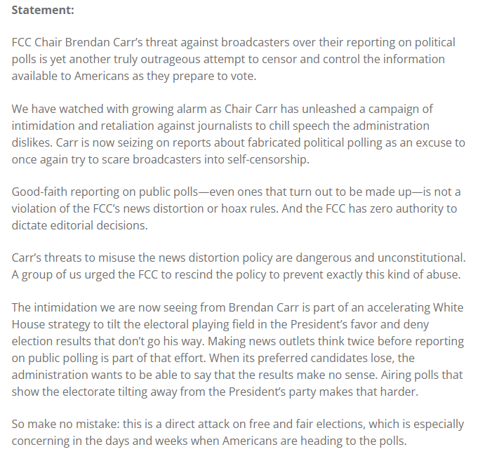 AriCohn's tweet photo. The latest in Carr's ongoing effort to exert government control over political information &amp; discourse.

Today, former FCC officials issued a statement (supported by @TechFreedom &amp; @protctdemocracy) calling his latest threat "a direct attack on free and fair elections."

Link👇 https://t.co/zOdG7Gu0kb