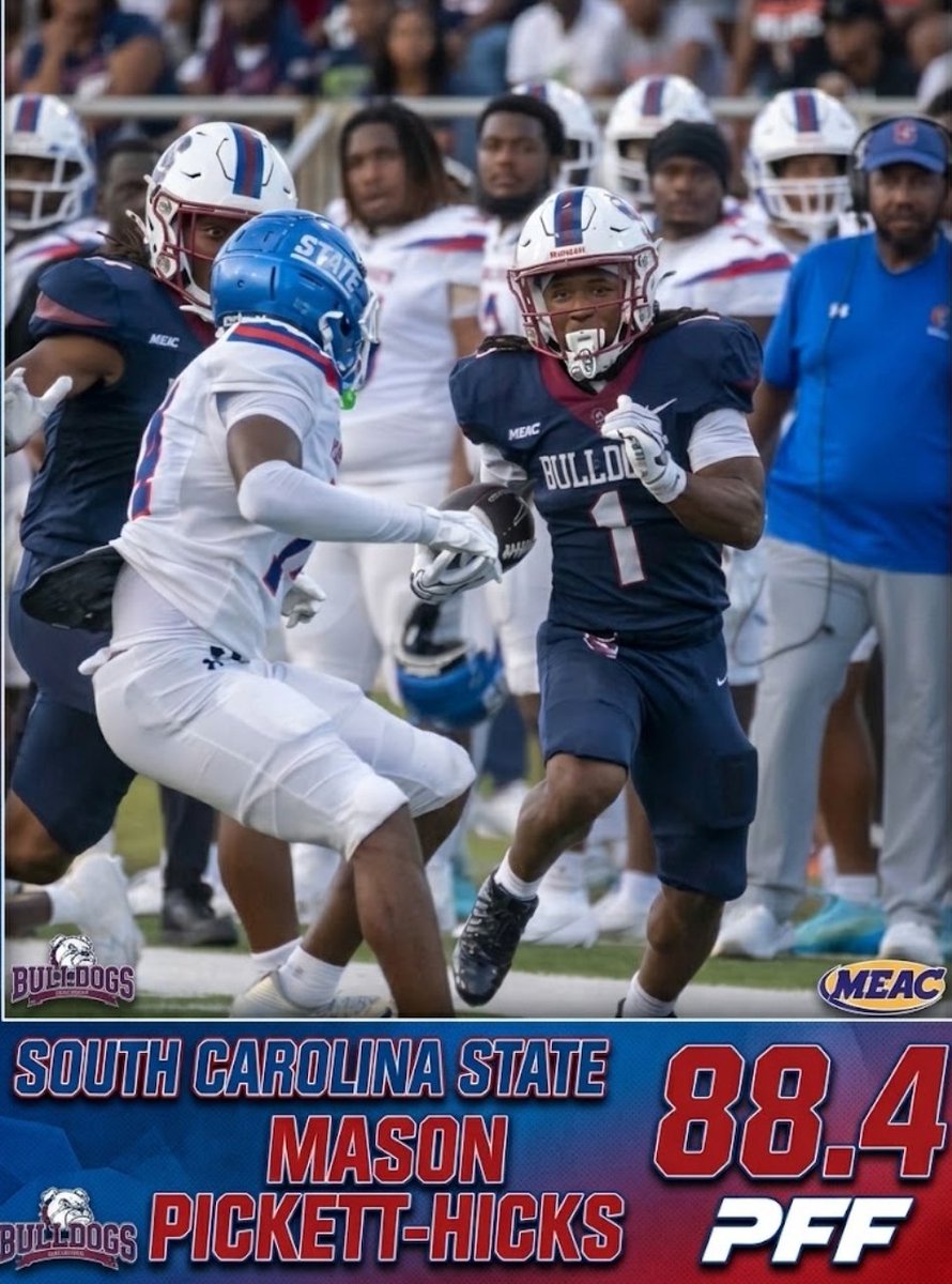 HBCUSports1's tweet photo. South Carolina State's Mason Pickett-Hicks ranks as the No.1 graded HBCU running back and the second-highest graded back in FCS with an elite 88.4 Pro Football Focus grade midway through the 2026 season https://t.co/PsZUDO2YMf