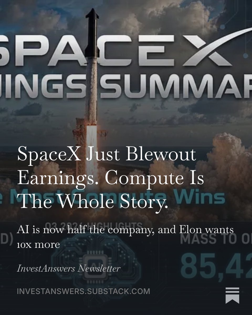 Osamasoneth's tweet photo. SpaceX Just Blewout Earnings. Compute Is The Whole Story. All the top Alpha from the call $SPCX

Sign up with my link and get a free stock:
https://t.co/cX90jkXznh https://t.co/h8b3DNKniB